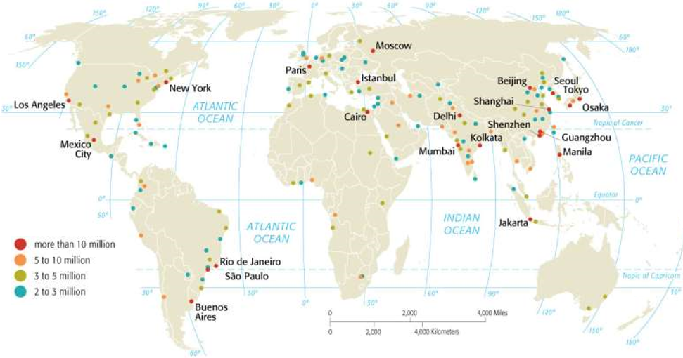   världens städer med mer än 1 miljon invånare (2006) (klicka för större bild resp mindre)  